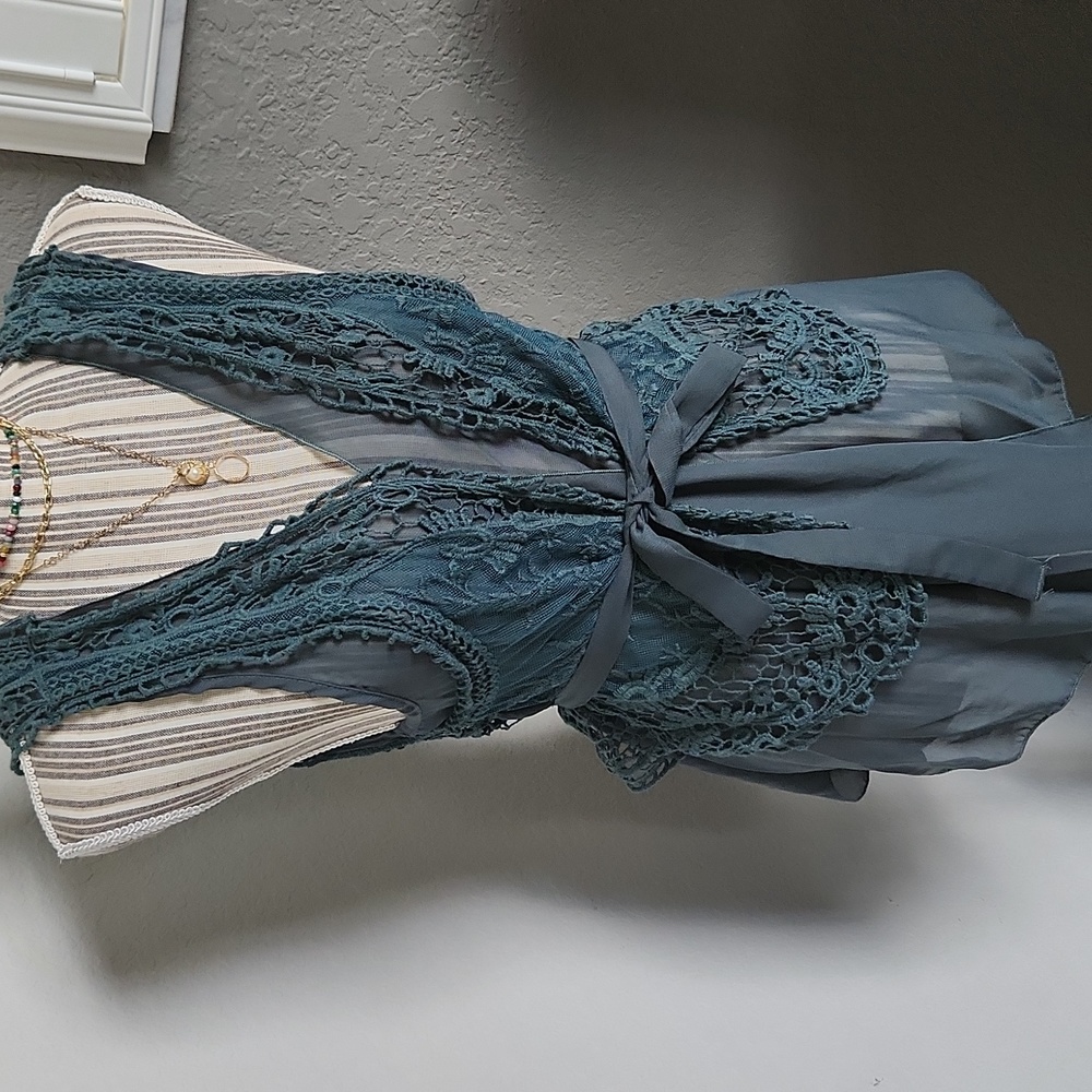 Boho free people style teal lace crochet vest tunic small - Picture 2 of 5